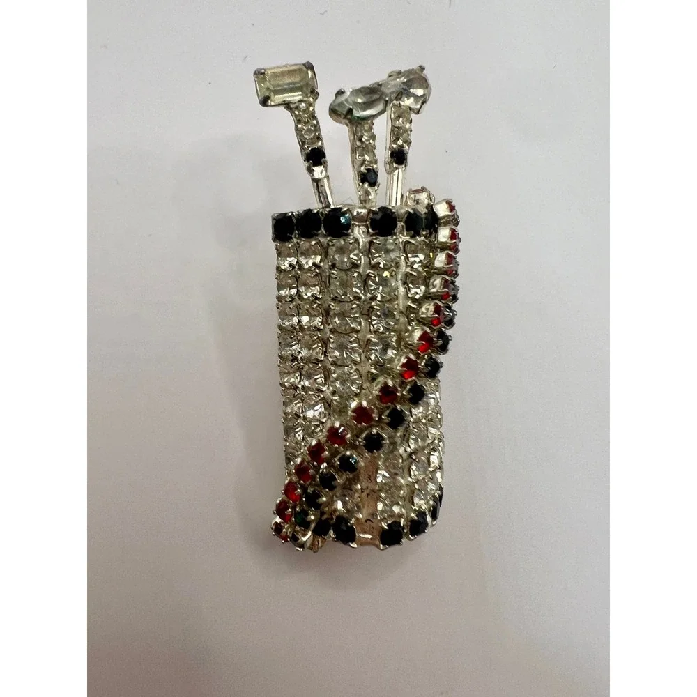 Vintage Dorothy Bauer Golf Bag Pin Rhinestone Red Black‎ Novelty Brooch 80s Chic